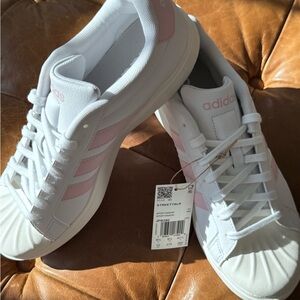 Adidas Women's White Sneakers with Pink Accents